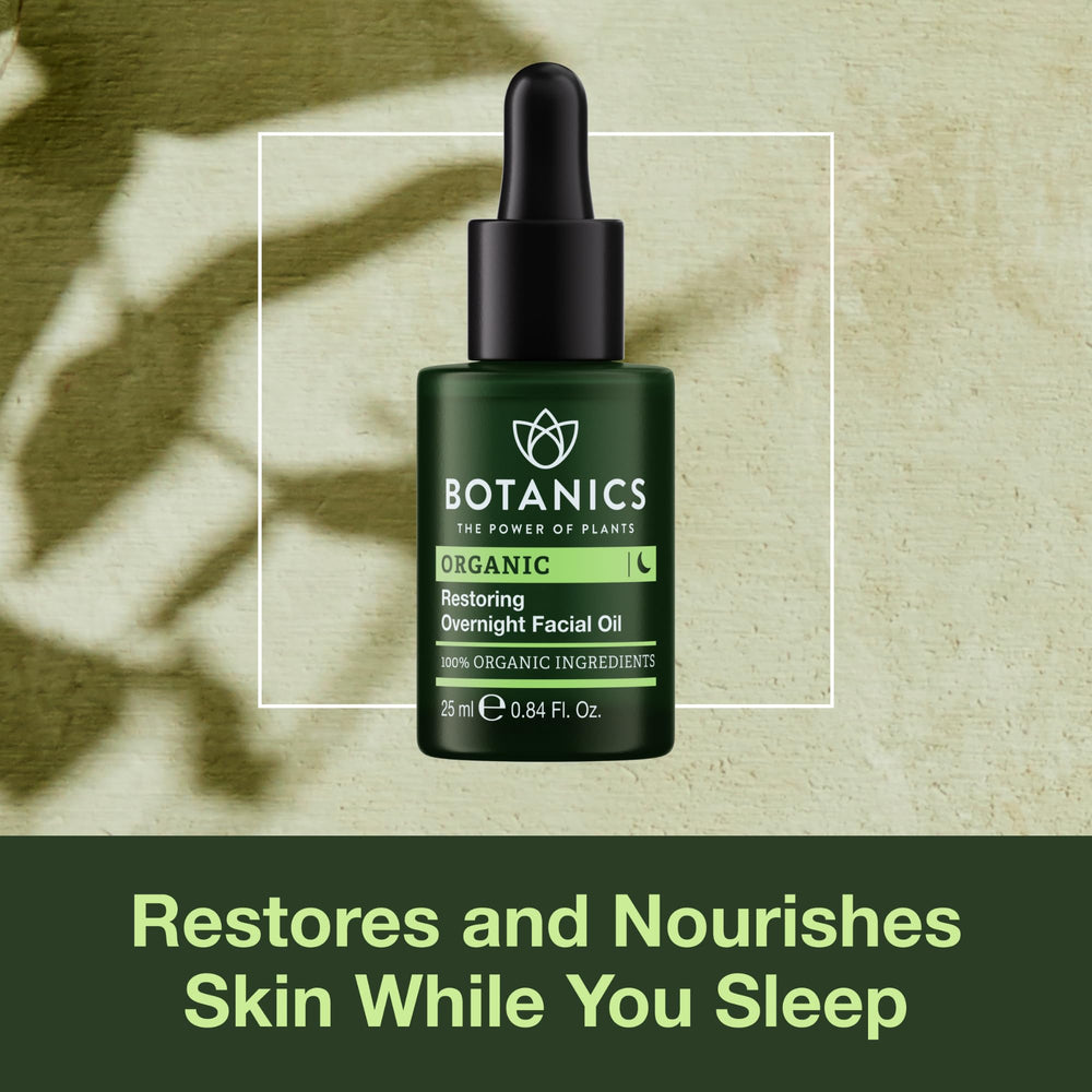 Botanics Restoring Overnight Face Oil drops on palm illustrating quick absorption