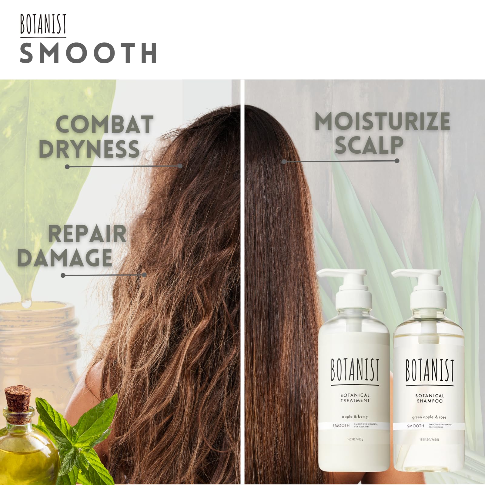 Botanist premium keratin shampoo bottle highlights smoothing action on rough strands