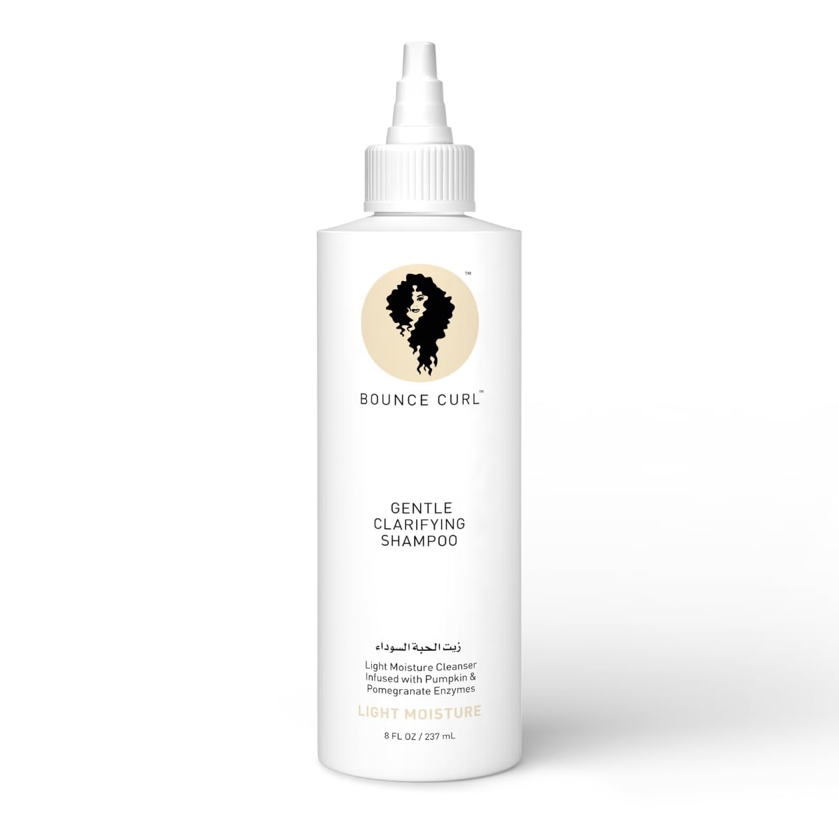 Bounce Curl Enzyme Gentle Clarifying Shampoo bottle pour shows balanced moisture.