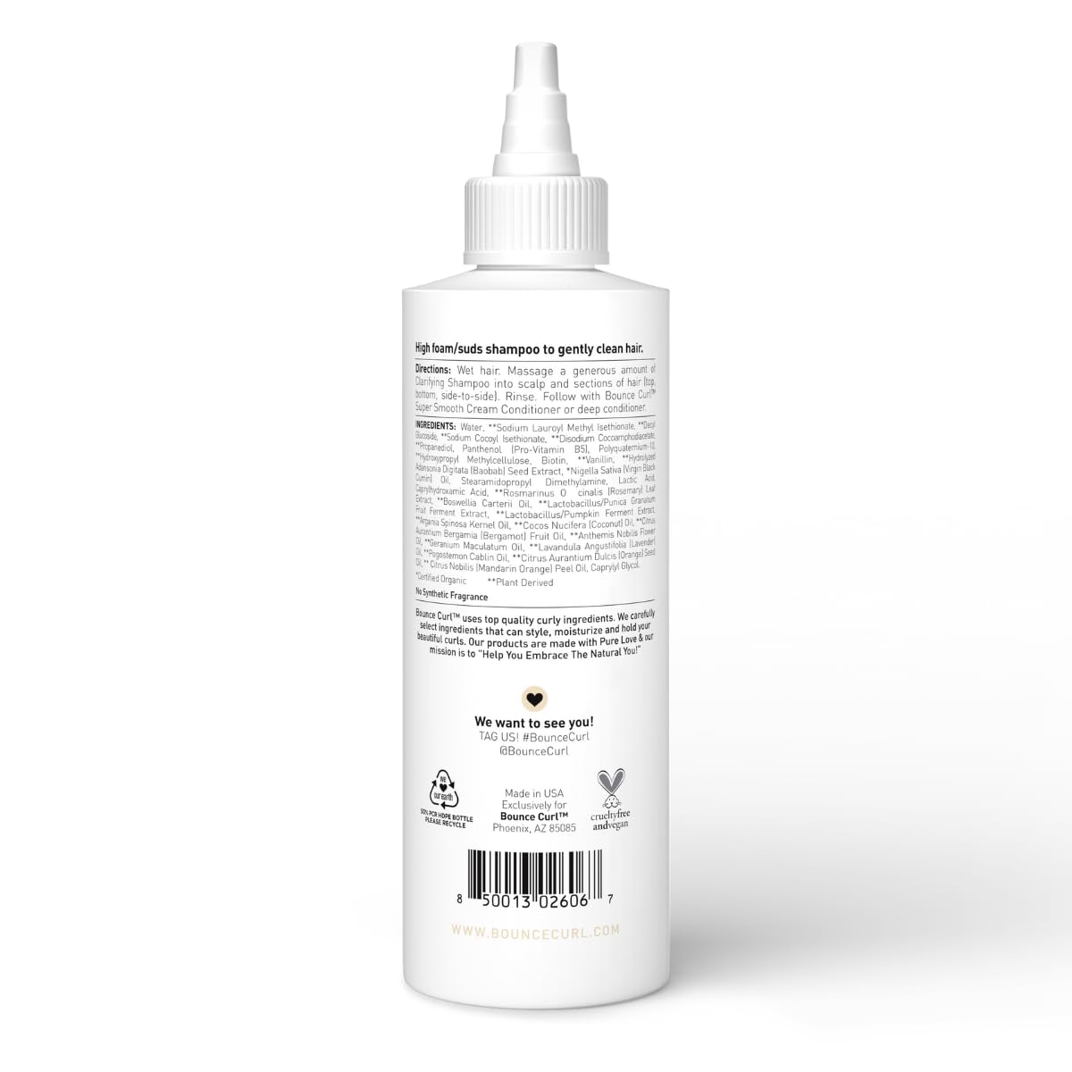 Bounce Curl Enzyme Gentle Clarifying Shampoo ingredients closeup highlights botanical bounce.