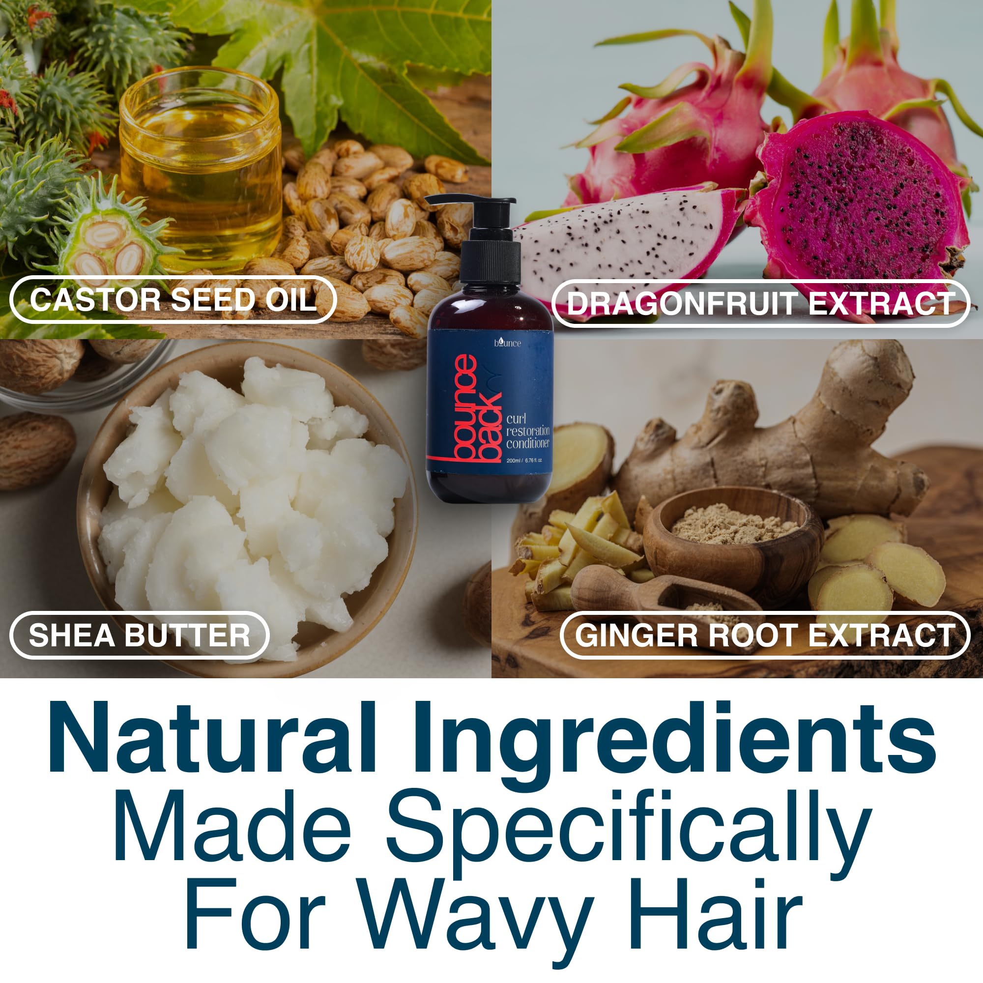 Ingredients panel featuring Castor Seed Oil and Murumuru Butter in Bounce Style conditioner