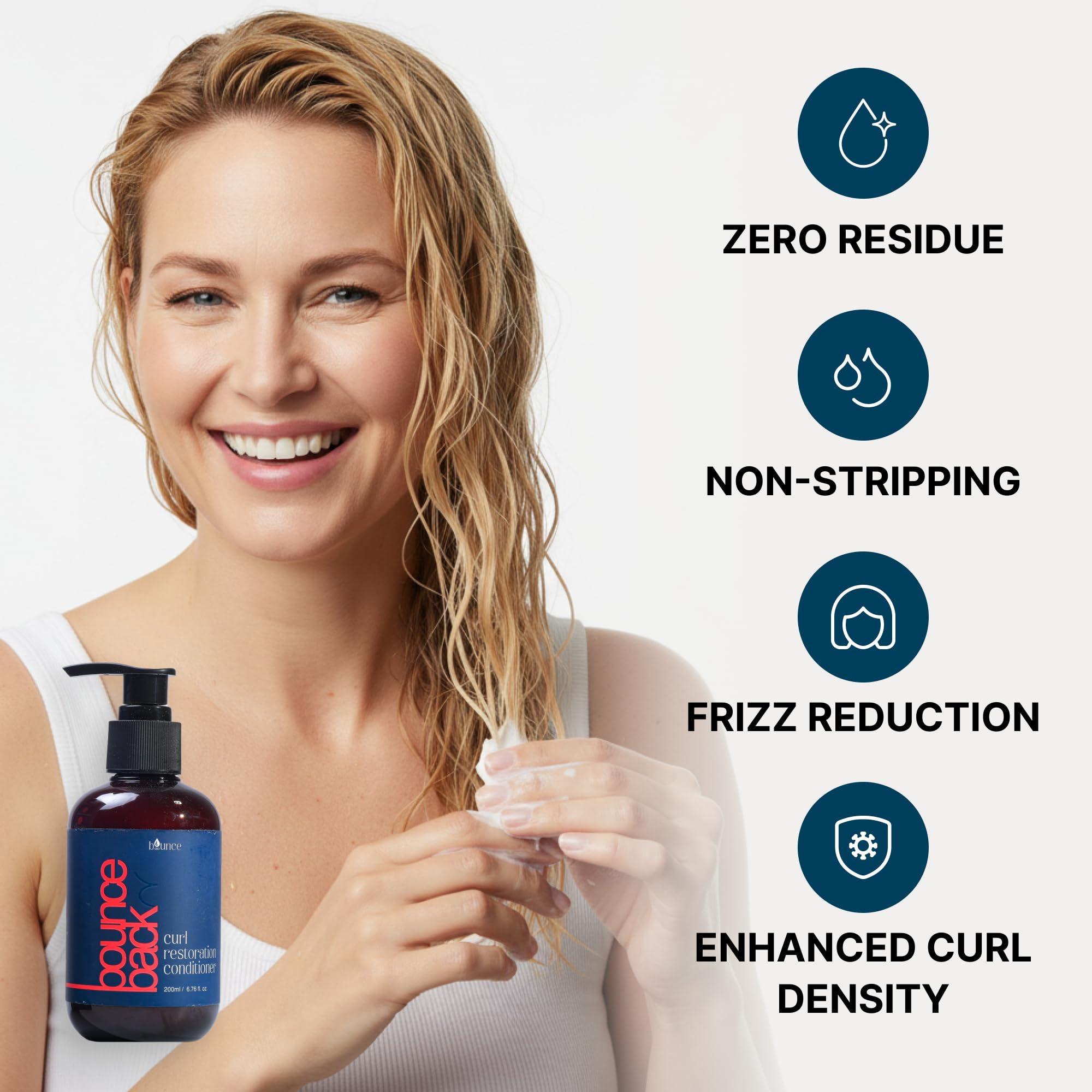 Bounce Style Curl Restoration Conditioner being poured for quick smoothing