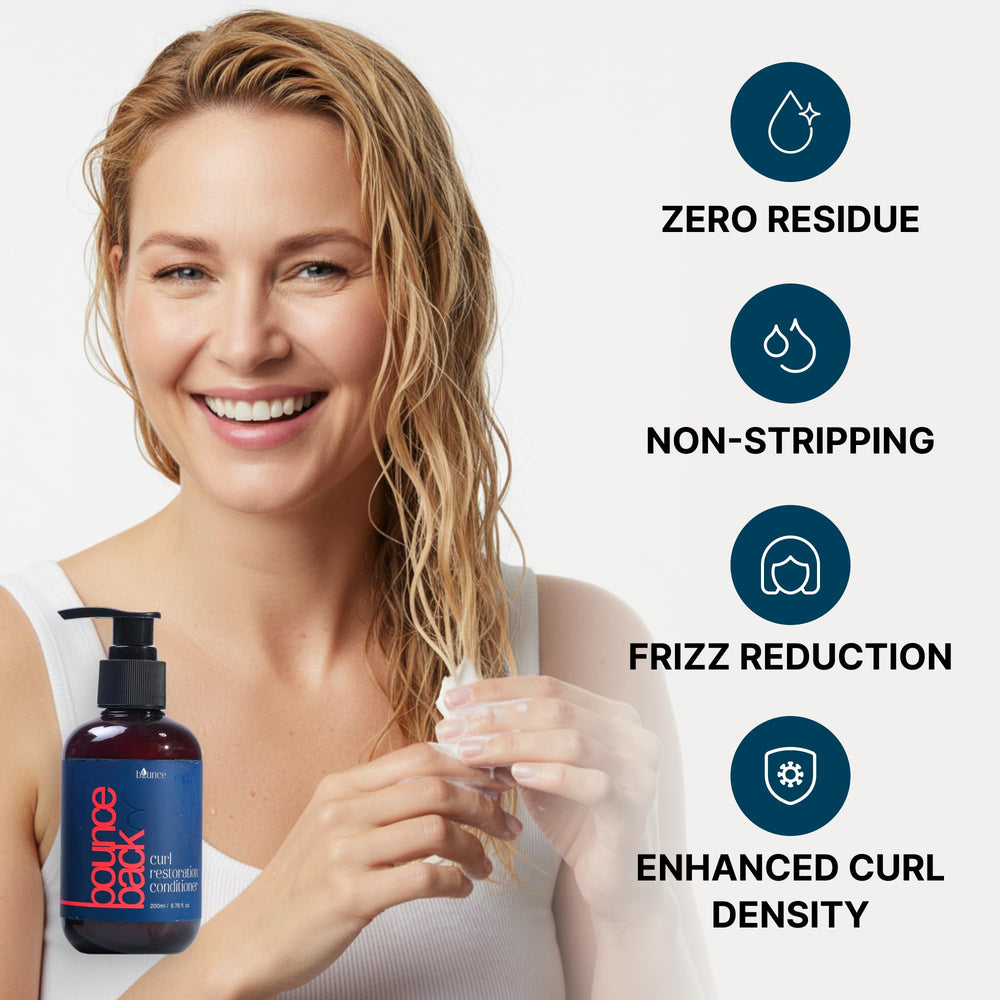 Bounce Style Curl Restoration Conditioner being poured for quick smoothing