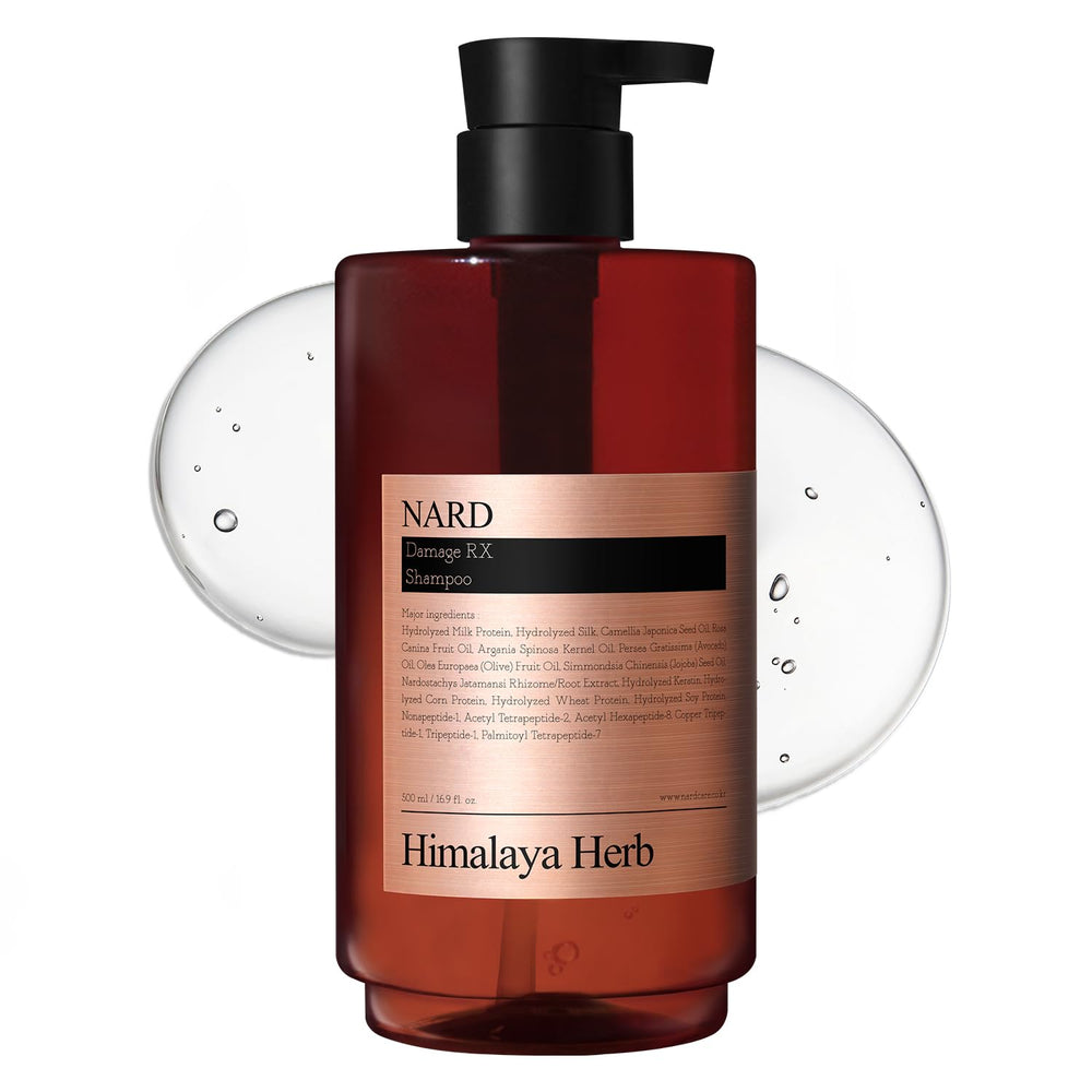 Bouquet Garni NARD RX Shampoo bottle close-up for damaged hair nourishment.