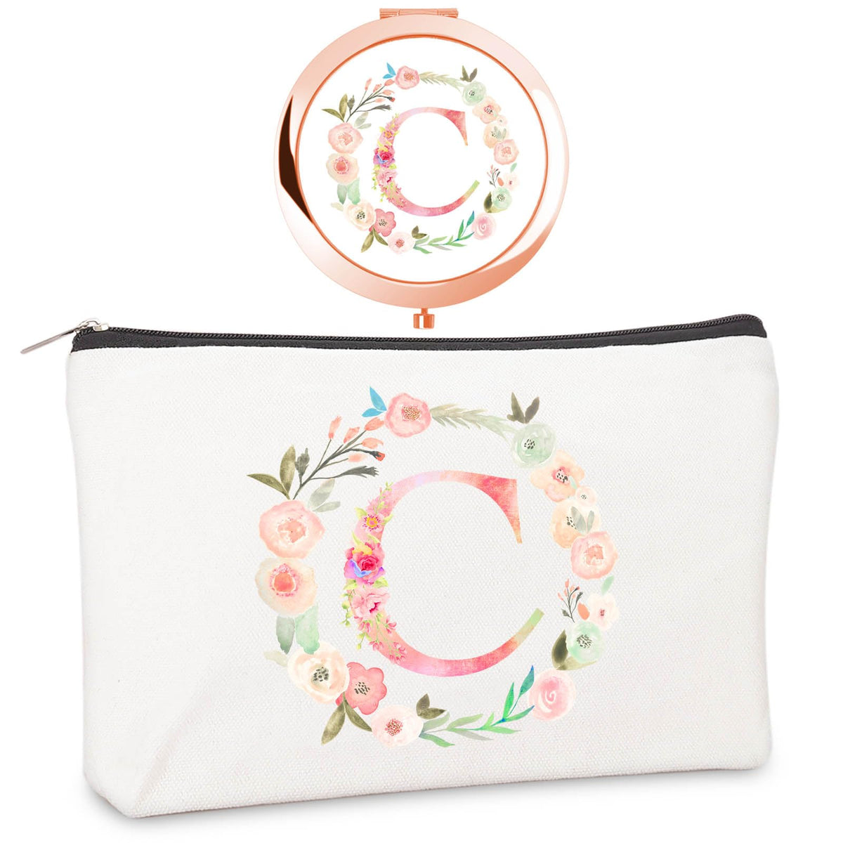 BoutikPro rose-gold monogram compact mirror front view for personalized gifting.