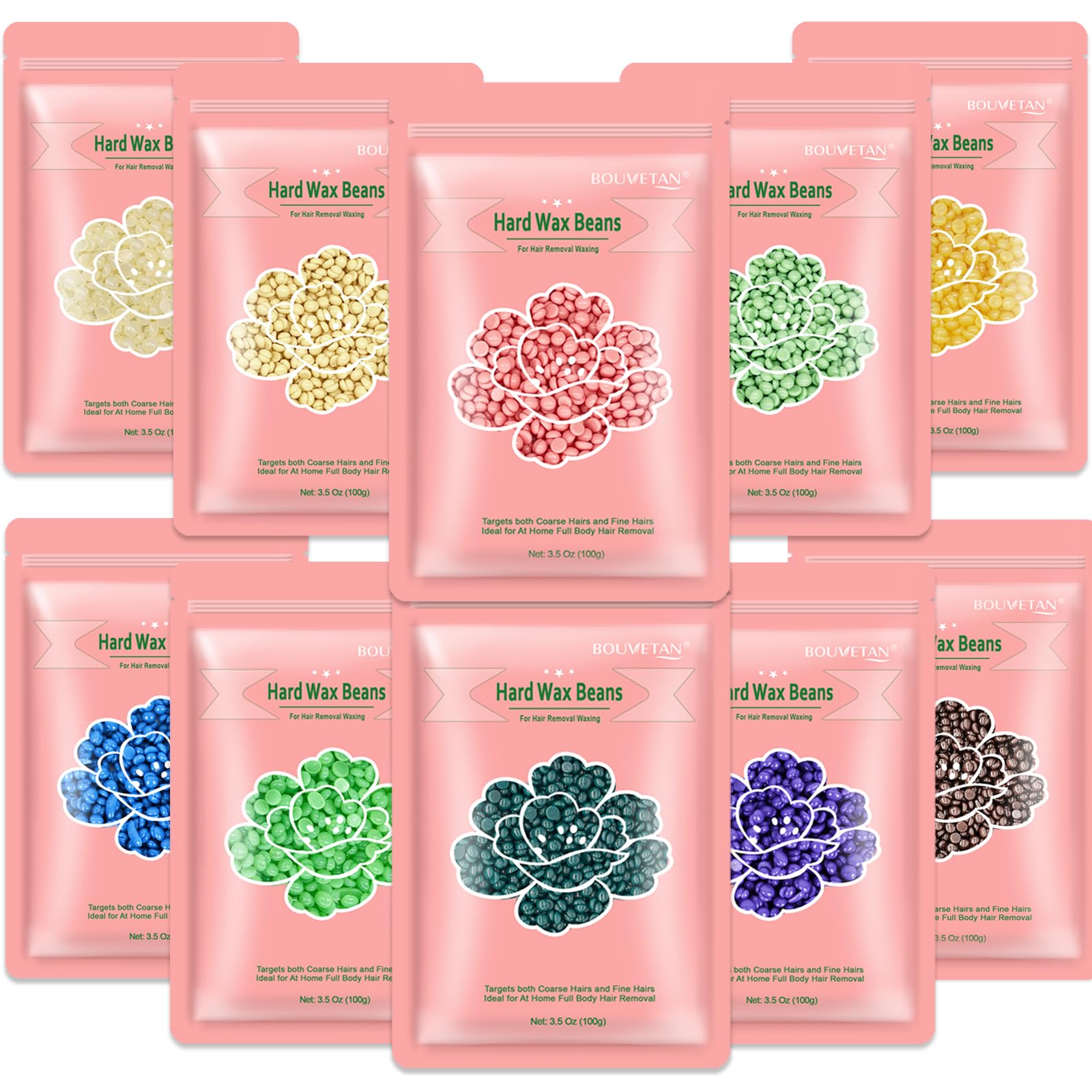 Bouvetan hard wax beads color pack front showing vibrant color variety for at-home waxing