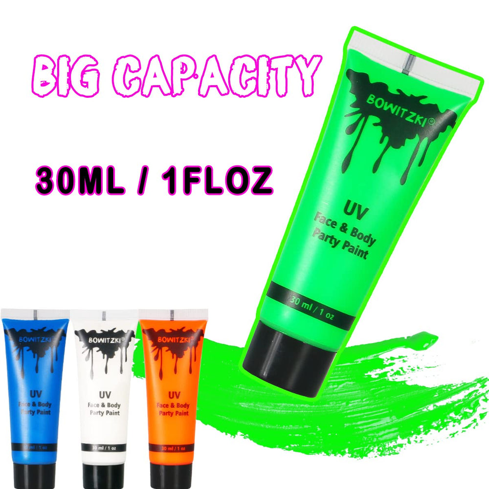 Bowitzki neon face paint application for quick layering.
