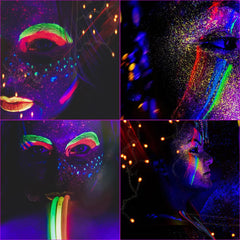 Bowitzki UV glow paint on skin for striking party looks.