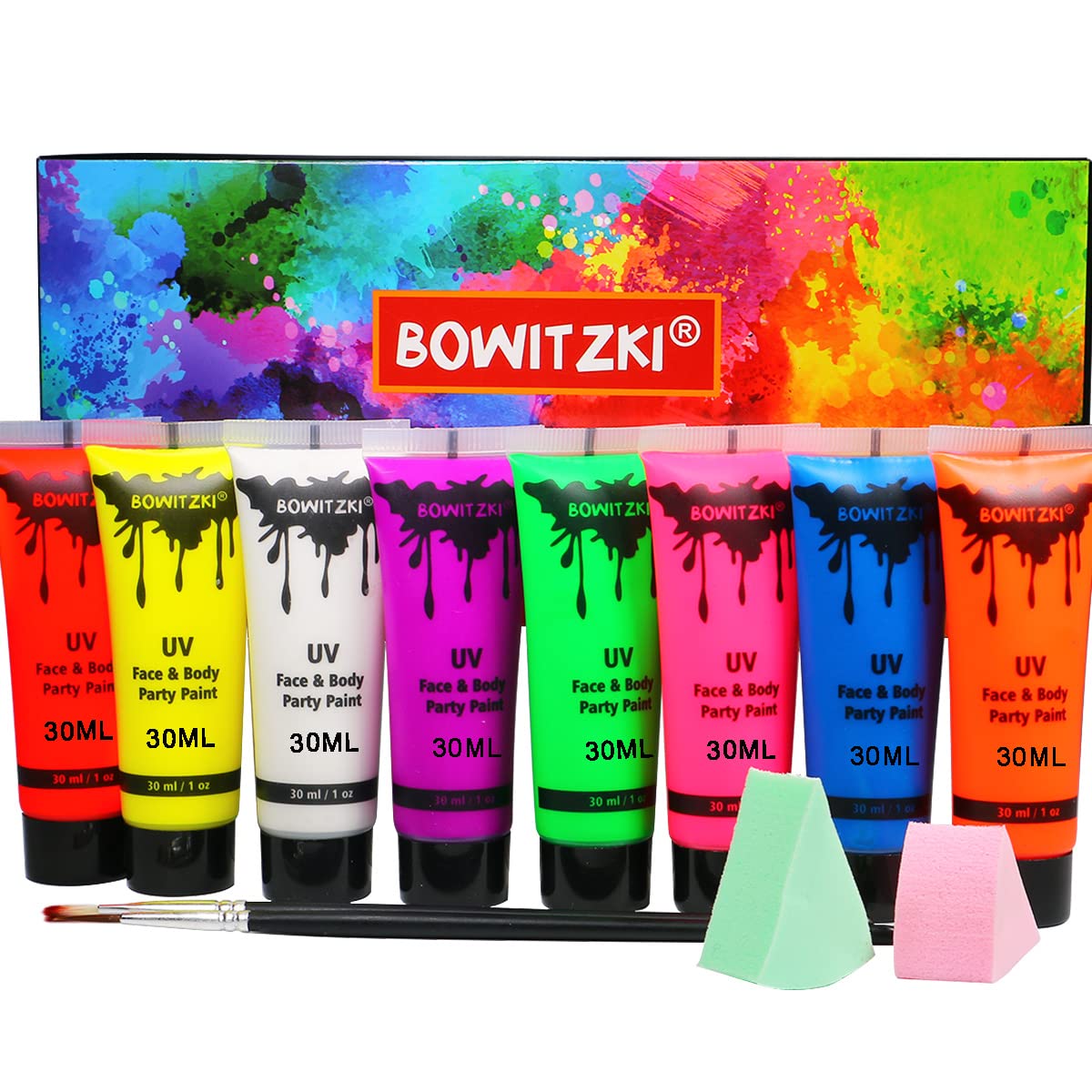 Bowitzki UV neon paint tubes 8x30ml for vibrant festival glow under black light.