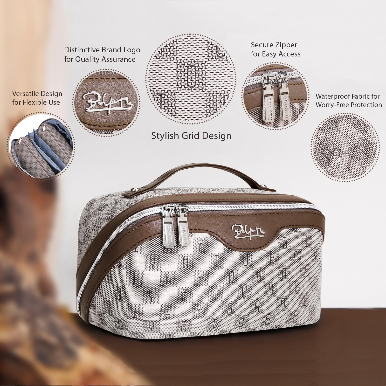 BOYATU checkered cosmetic organizer in PU leather offers waterproof protection and elegance.