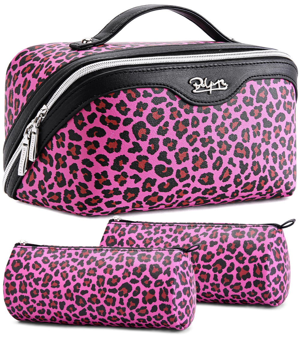 BOYATU leopard-print travel makeup bag set keeps cosmetics organized on a vanity