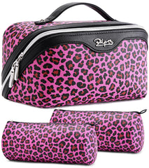 BOYATU leopard-print travel makeup bag set keeps cosmetics organized on a vanity