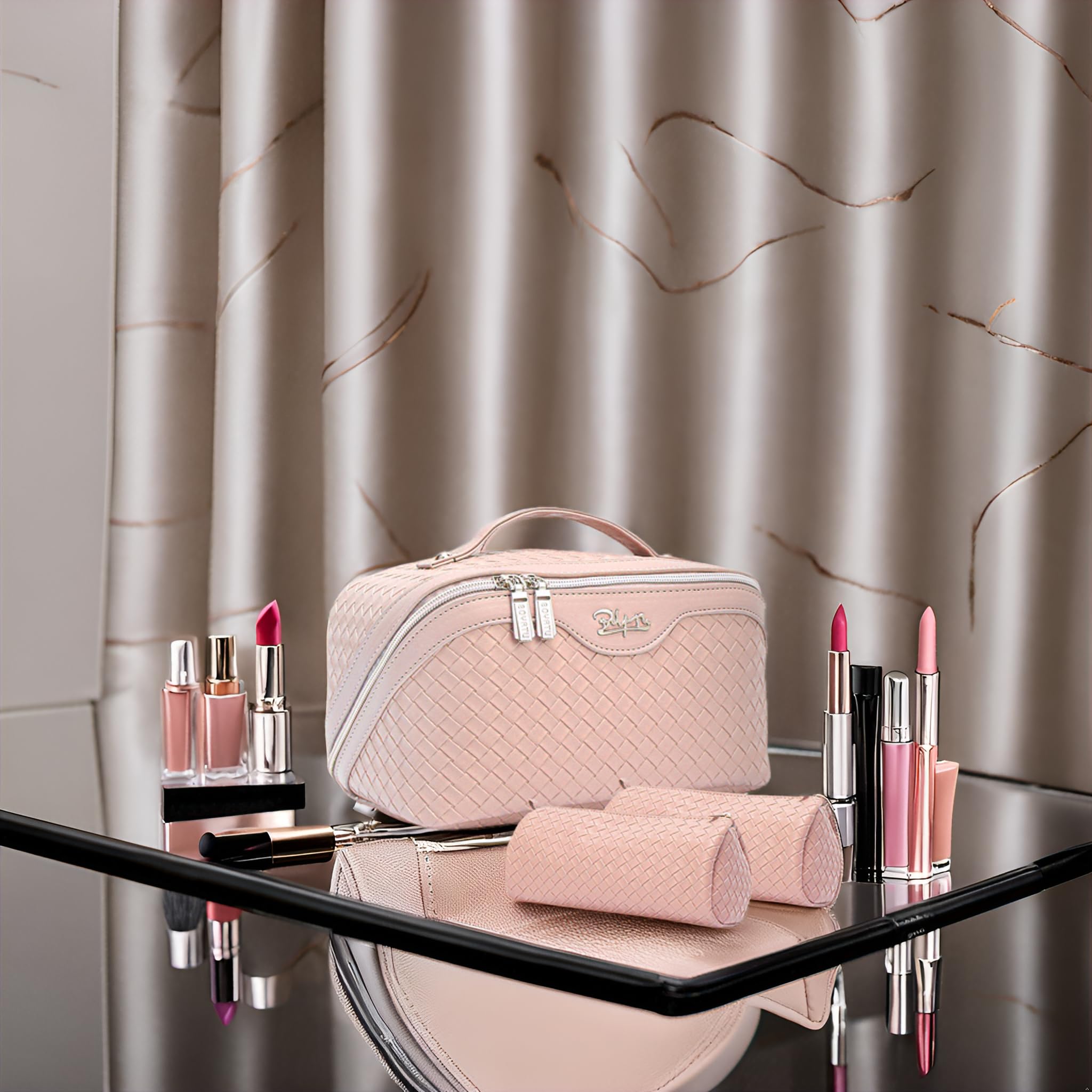 BOYATU multi-compartment makeup bag keeps cosmetics neatly organized.