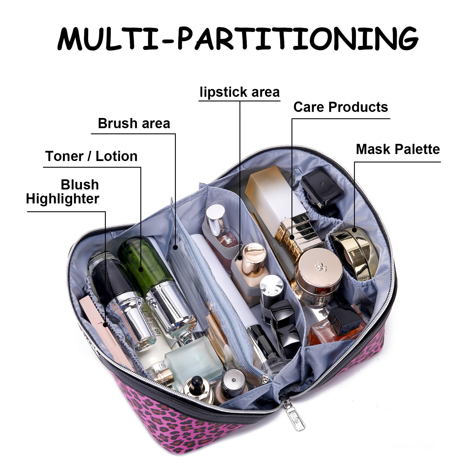 BOYATU multi-compartment makeup bag with five sections for skincare and makeup