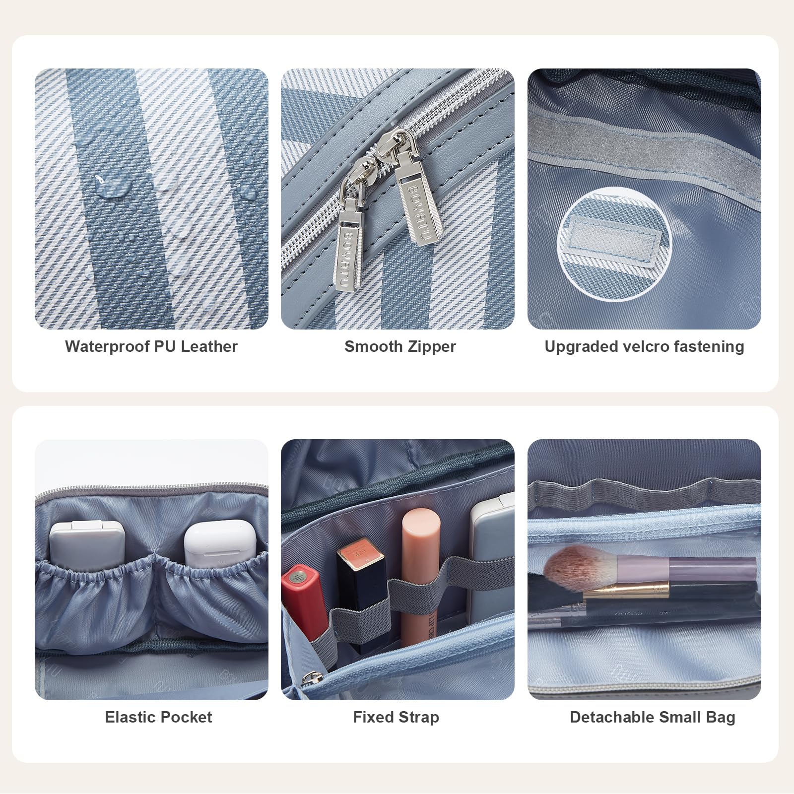 BOYATU travel makeup bag blue dimensions shown emphasize compact yet spacious layout.