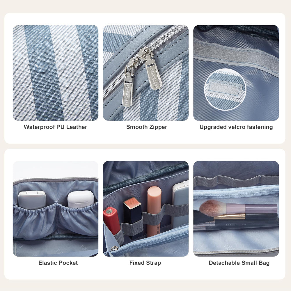 BOYATU travel makeup bag blue dimensions shown emphasize compact yet spacious layout.