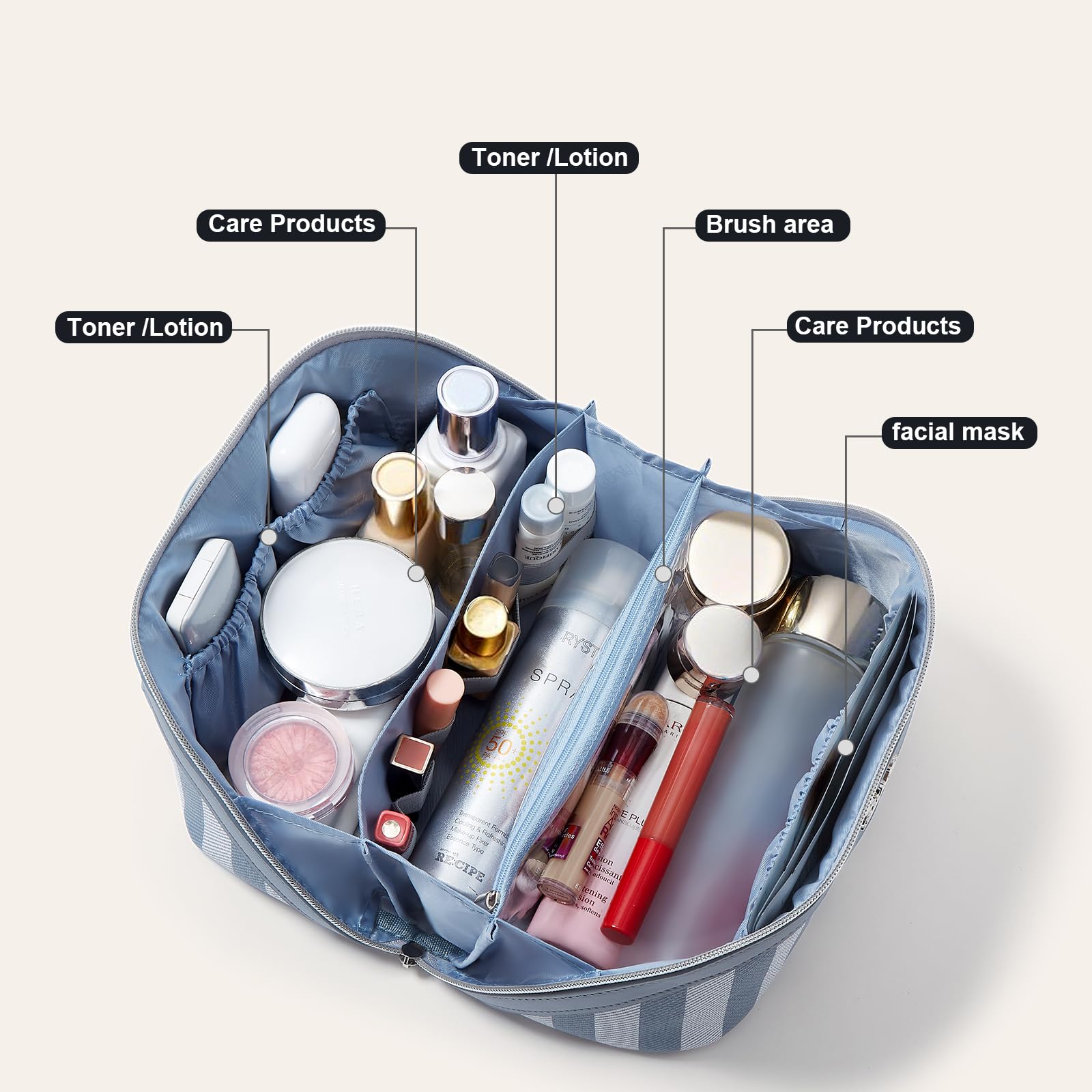 BOYATU travel makeup bag blue divider system keeps items separated for quick access.