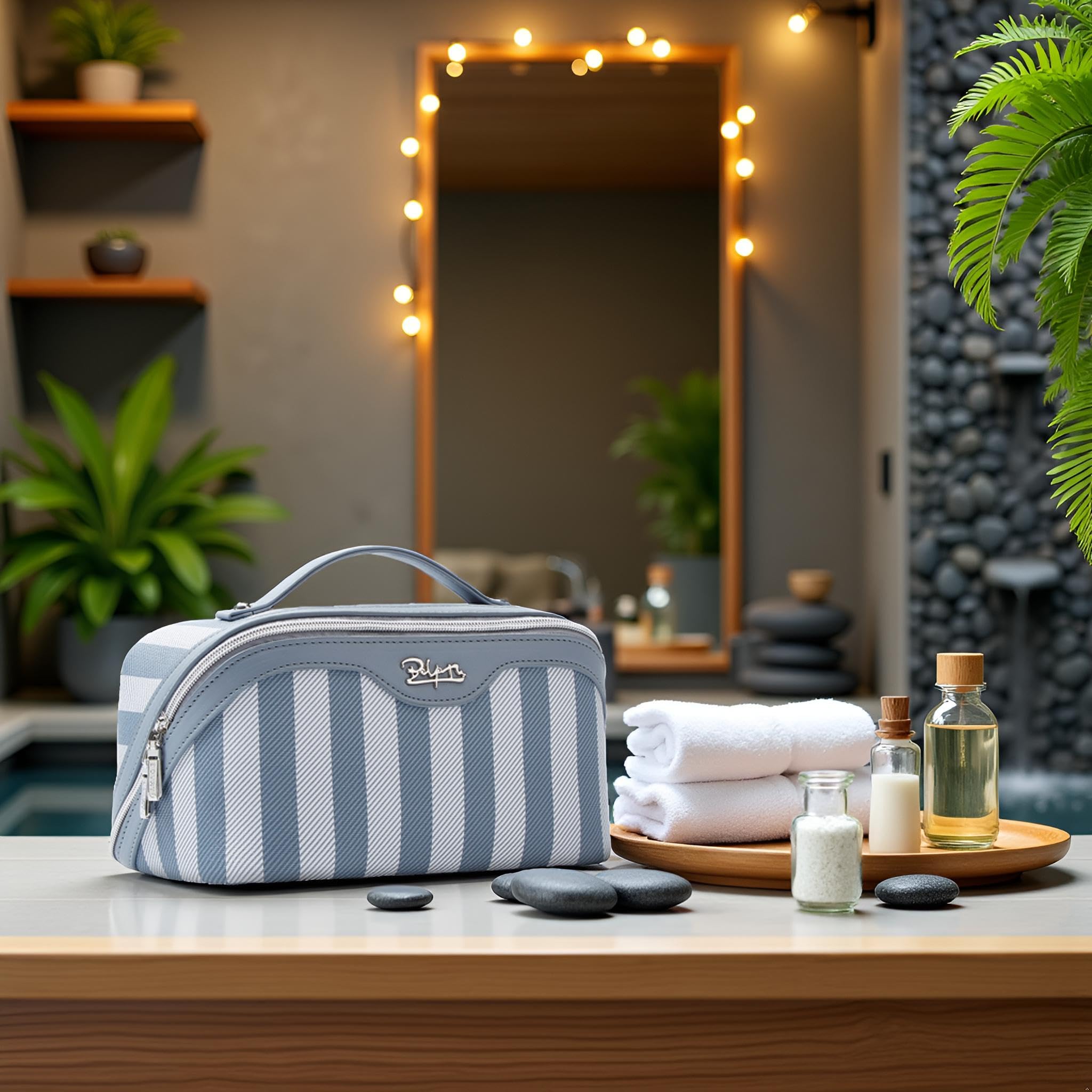 BOYATU travel makeup bag blue handle view highlights easy carrying during trips.
