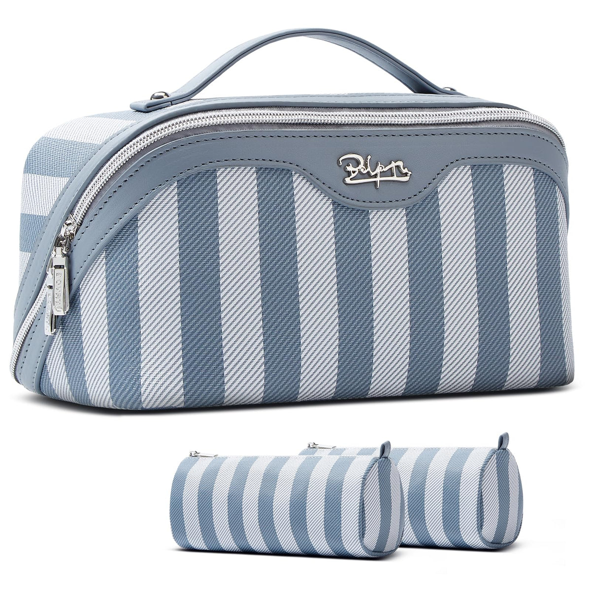 BOYATU travel makeup bag blue outside view shows durable PU leather ideal for travel storage.