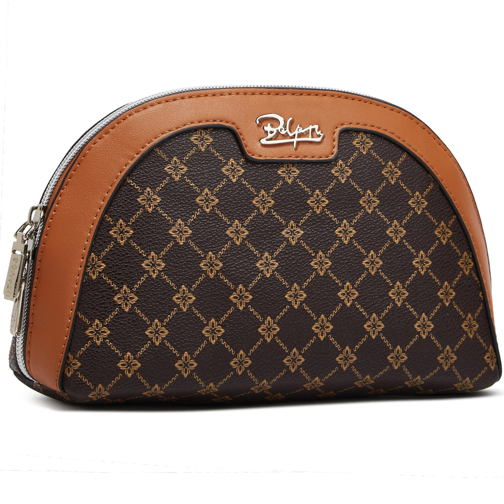 BOYATU travel makeup bag coffee front view, compact purse-friendly for daily use