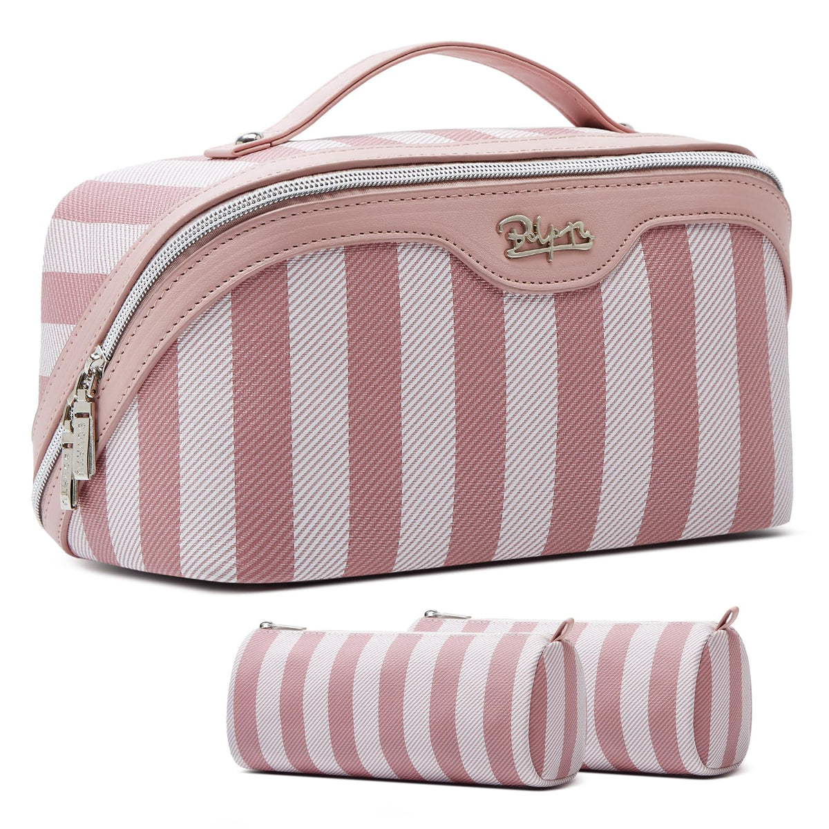BOYATU travel makeup bag pink with compartments keeps cosmetics organized on the go.