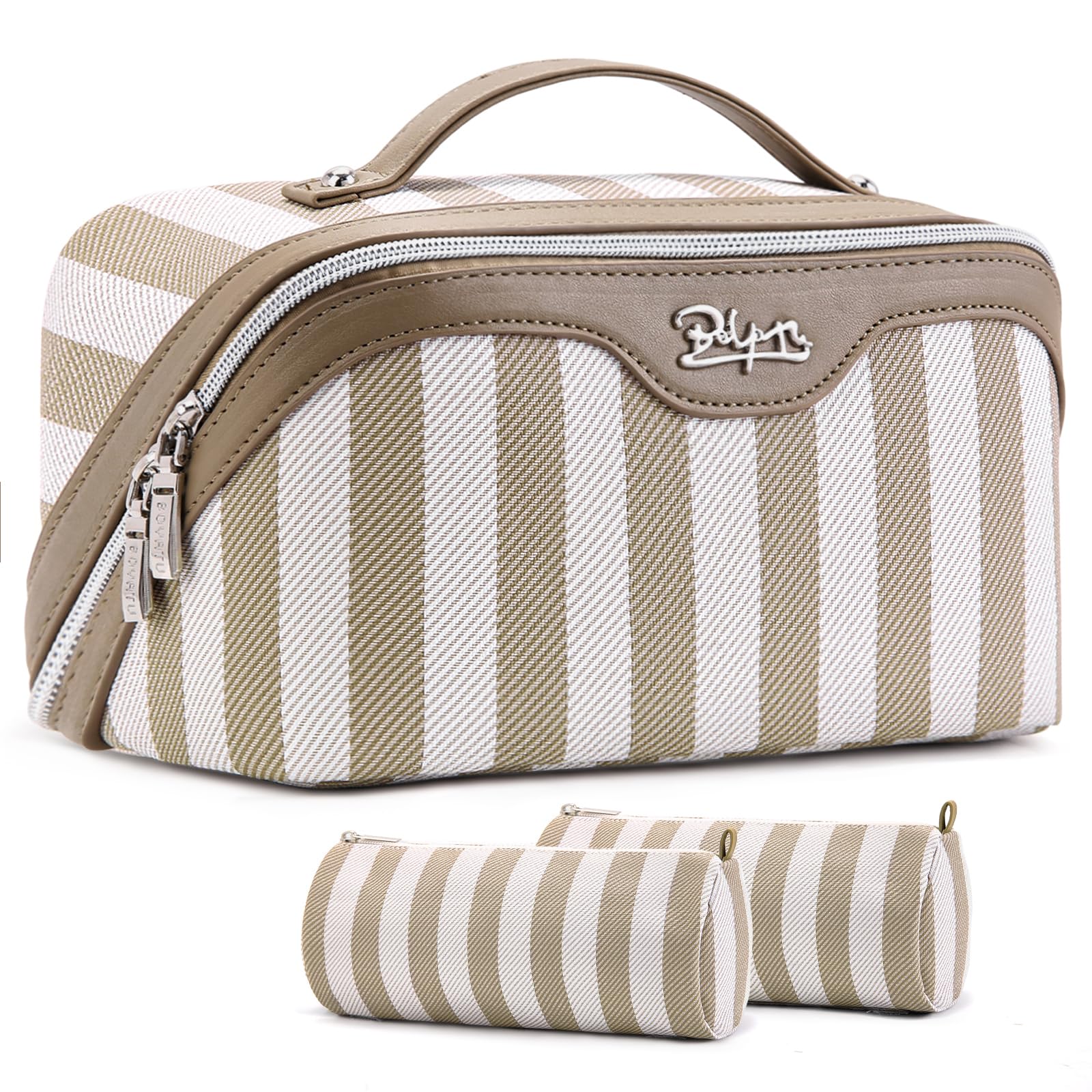 BOYATU Travel Makeup Bag Set in apricot shows large capacity for cosmetics and toiletries.
