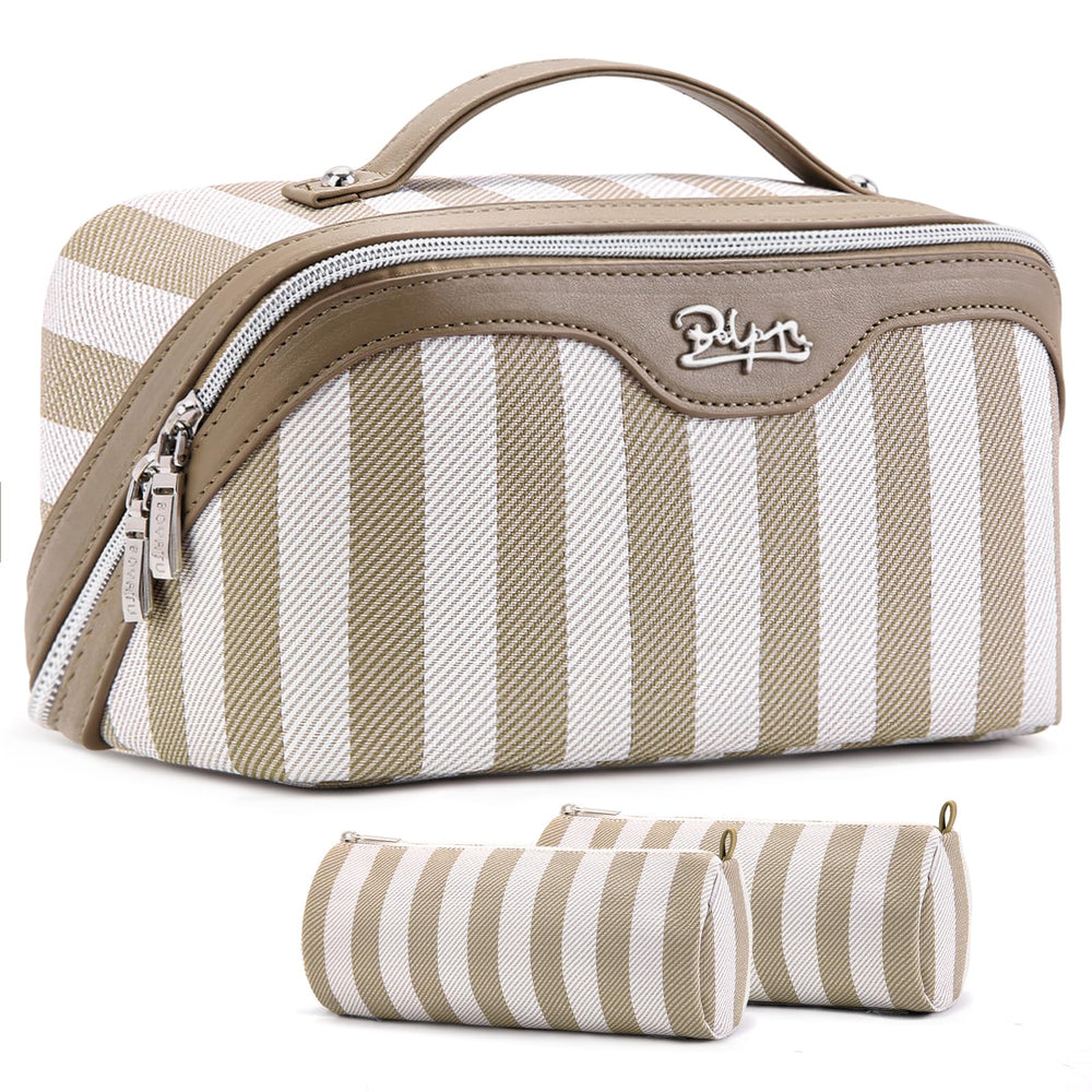 BOYATU Travel Makeup Bag Set in apricot shows large capacity for cosmetics and toiletries.