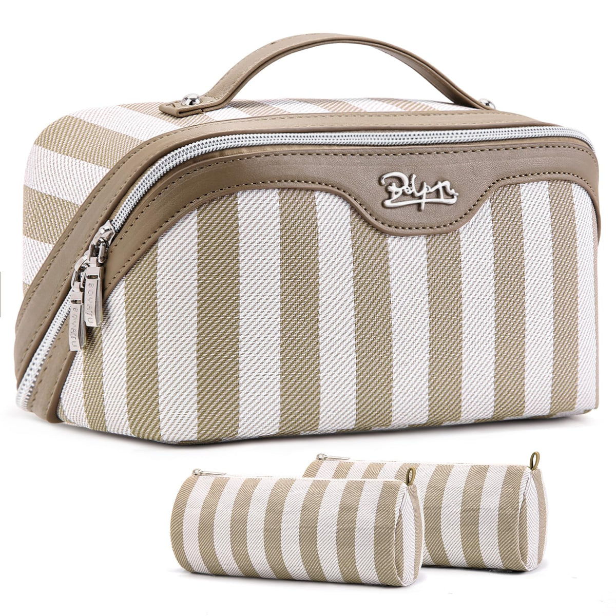 BOYATU Travel Makeup Bag Set in apricot shows large capacity for cosmetics and toiletries.