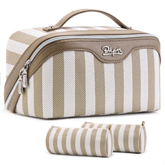 BOYATU Travel Makeup Bag Set in apricot shows large capacity for cosmetics and toiletries.