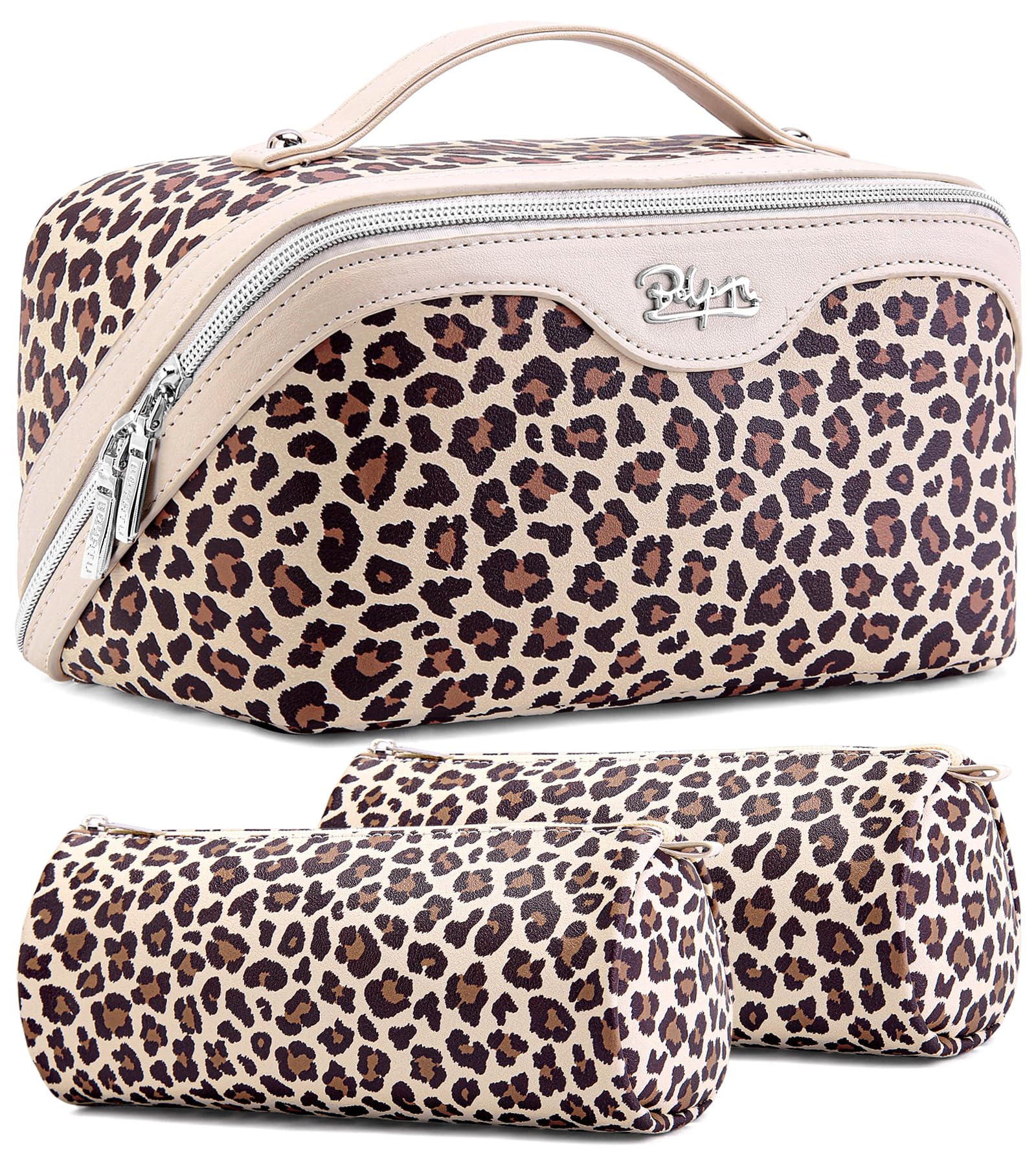 BOYATU leopard-print travel makeup bag set with handle for easy organization