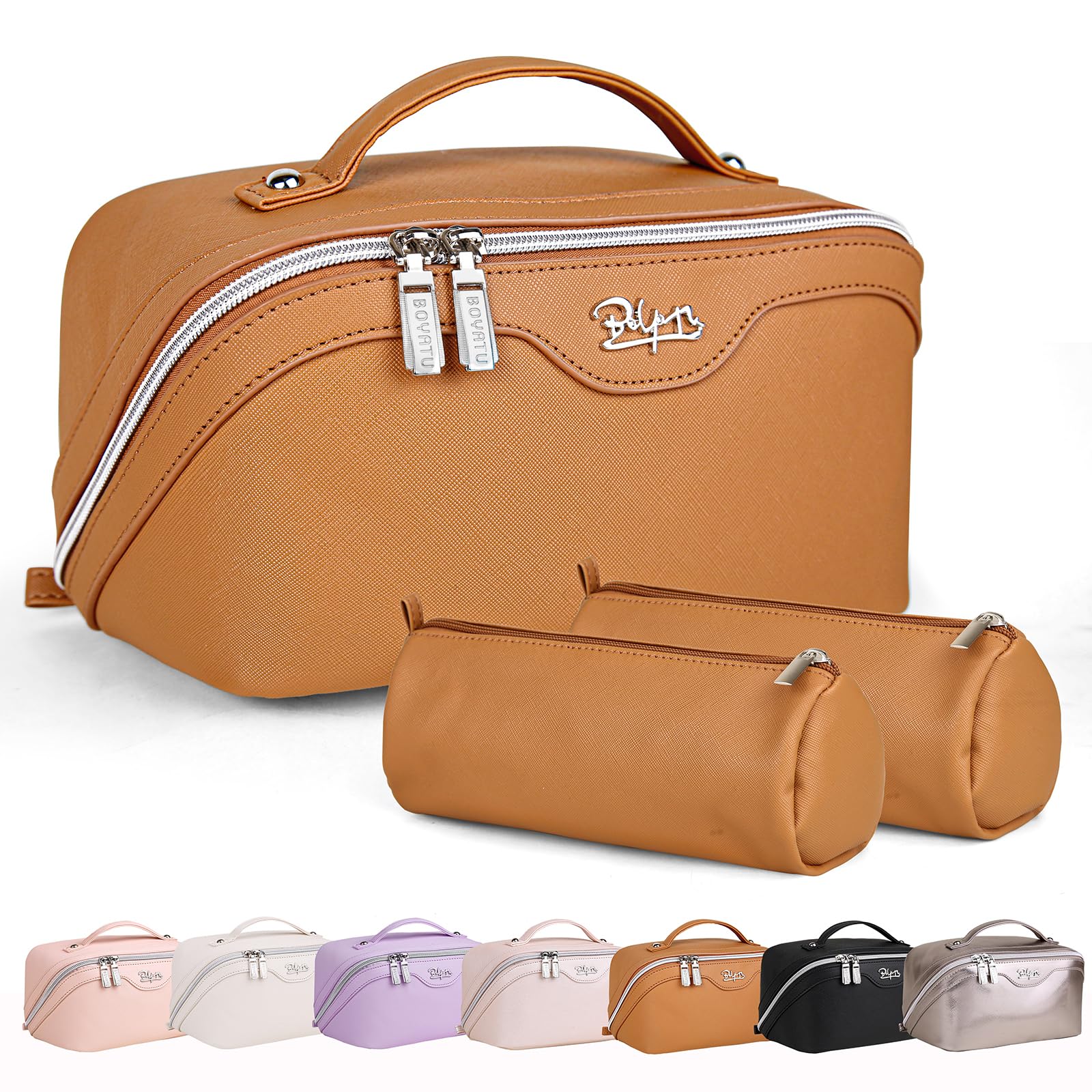 BOYATU travel makeup bag set with wide opening for easy access on the go.