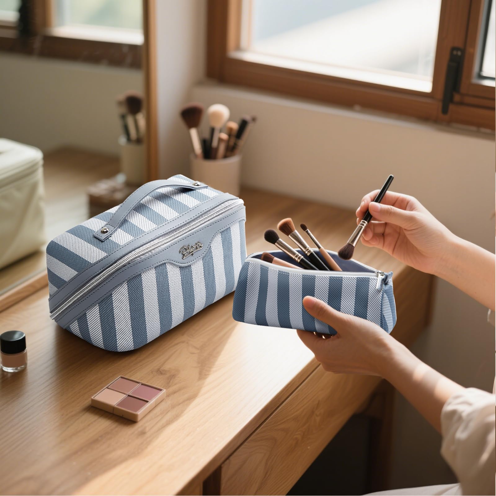 BOYATU travel toiletry bag blue on dresser demonstrates versatile home and travel use.