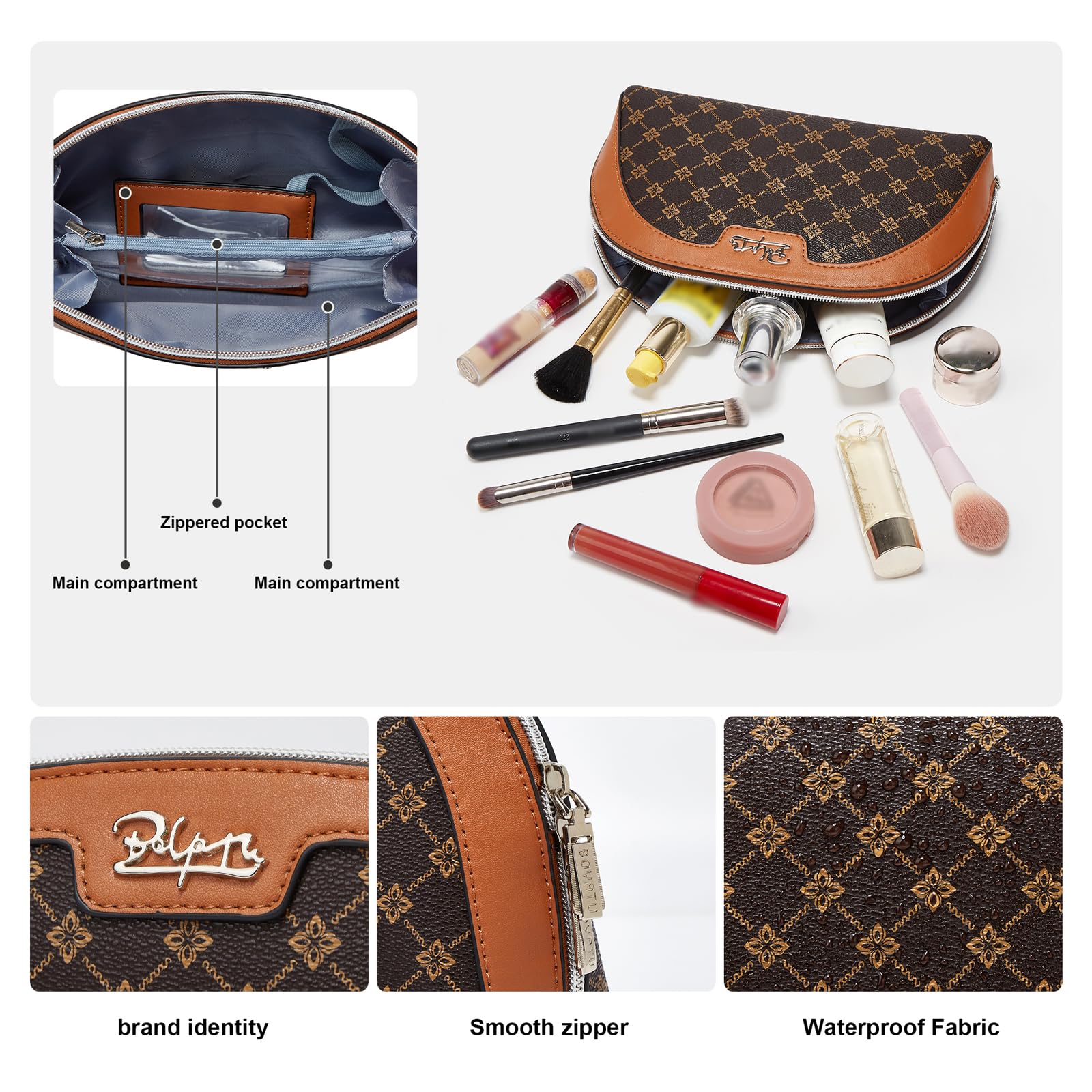 BOYATU vegan leather cosmetic pouch coffee exterior waterproof protects essentials
