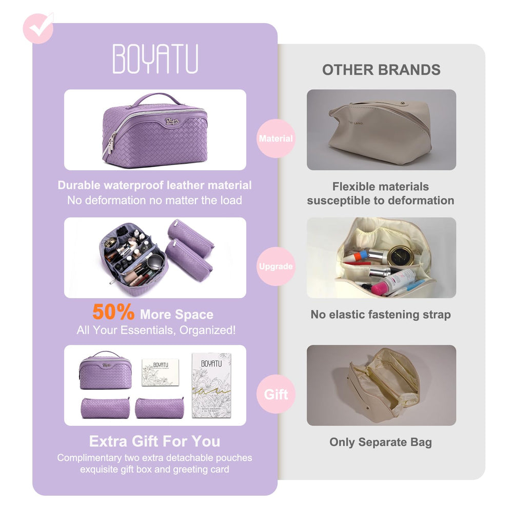 BOYATU vegan leather waterproof cosmetic bag L01 purple texture highlights durable protection.