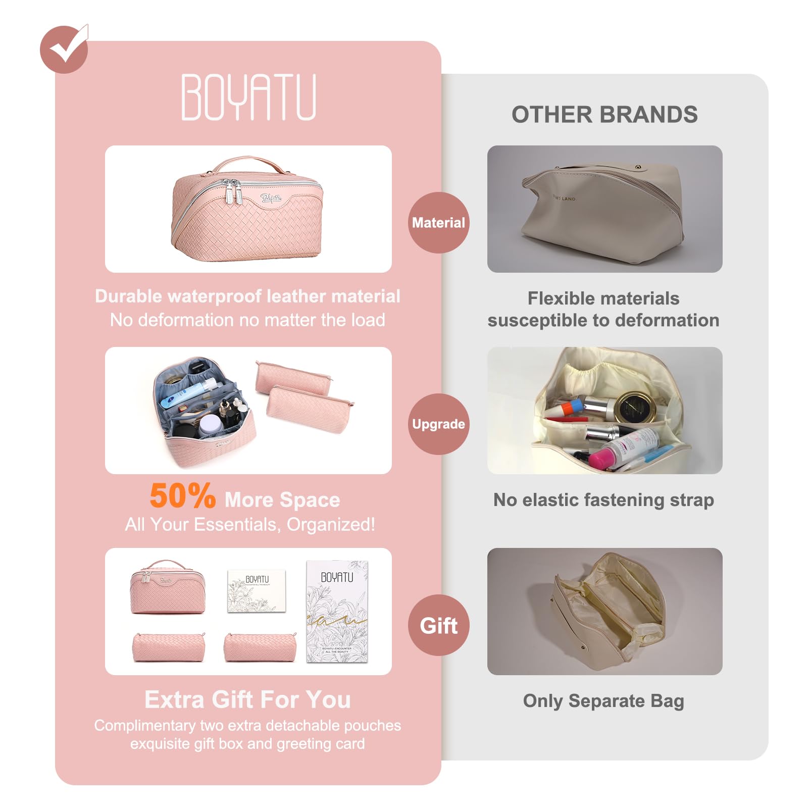 BOYATU vegan leather waterproof makeup bag for durable travel protection.