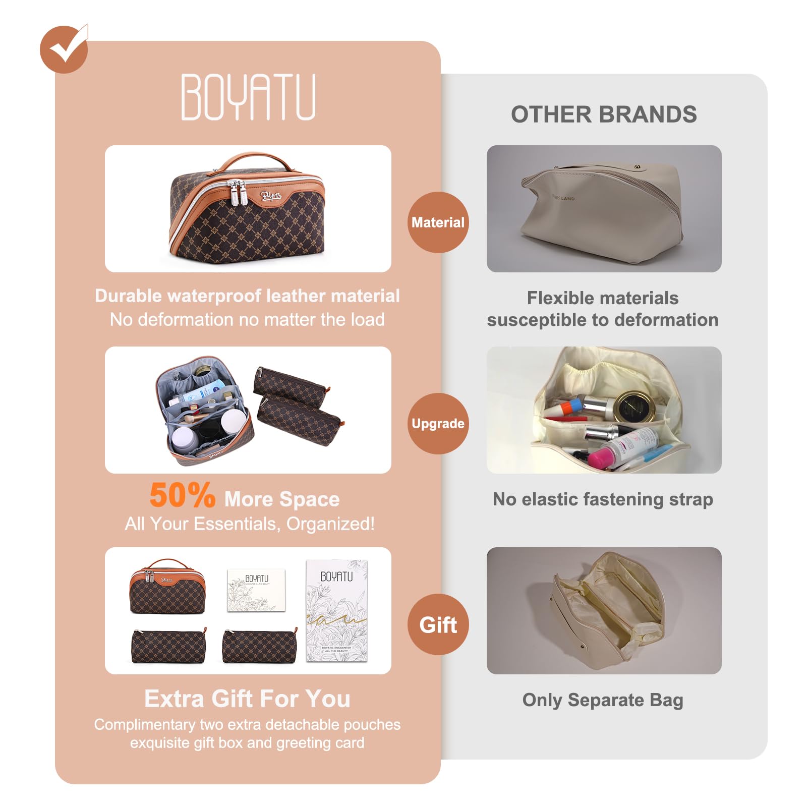 BOYATU vegan leather waterproof makeup bag demonstrates durability for travel and outdoor use.