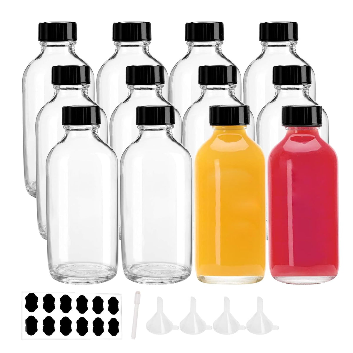 BPFY 12 pack clear Boston bottles with caps for DIY flavoring and storage.