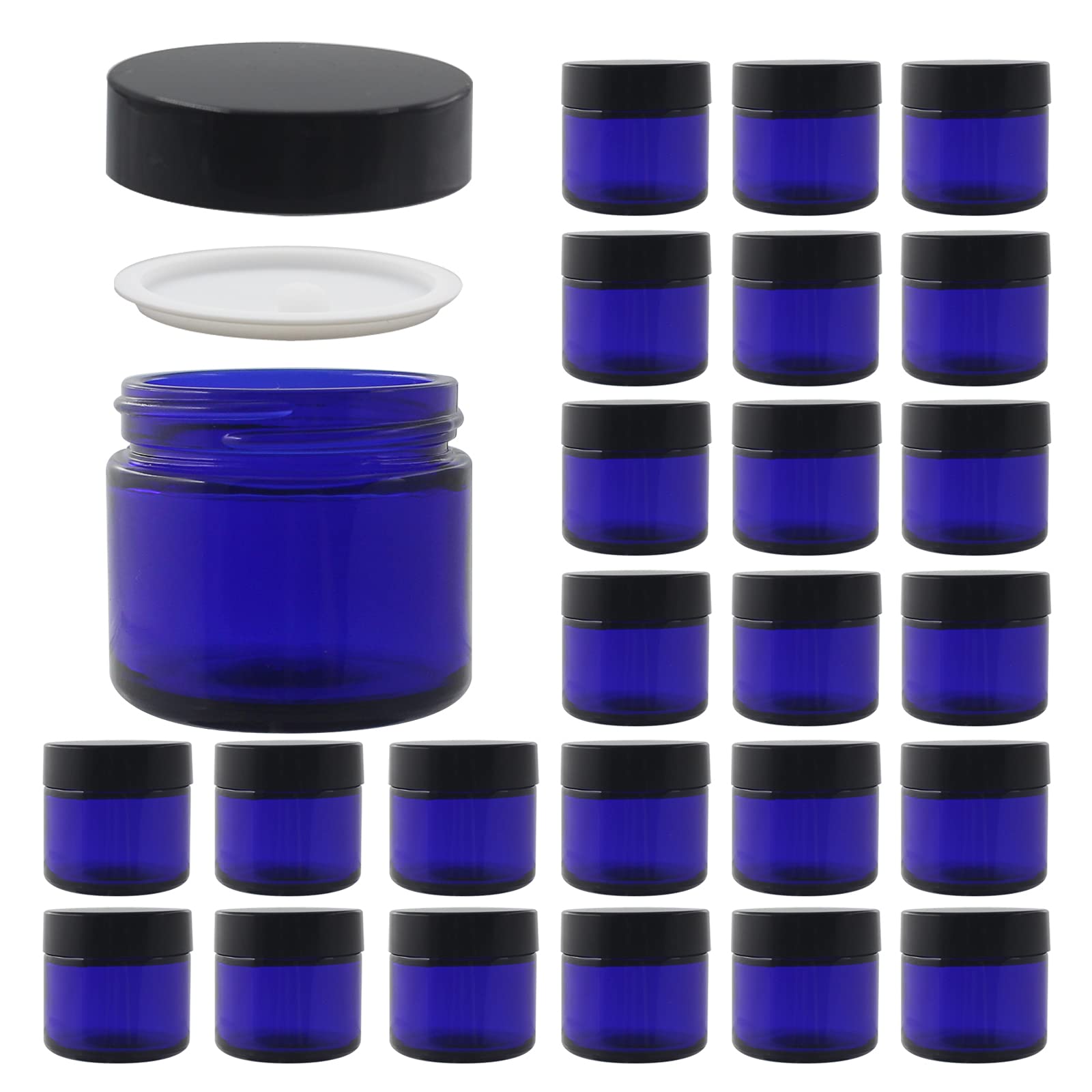 BPFY 2oz blue glass jar with lid, ideal for travel toiletries and skincare samples.