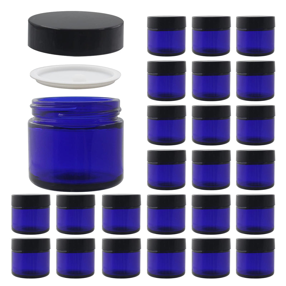 BPFY 2oz blue glass jar with lid, ideal for travel toiletries and skincare samples.
