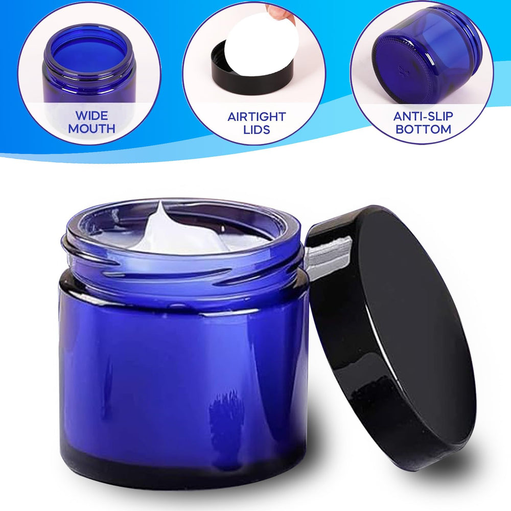 BPFY blue glass jar shows compact 5.5 cm diameter design for easy packing.