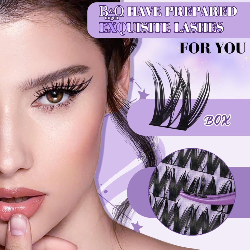 B&Qaugen Flora Lash Clusters 156pcs mixed-lengths and D curl close-up.