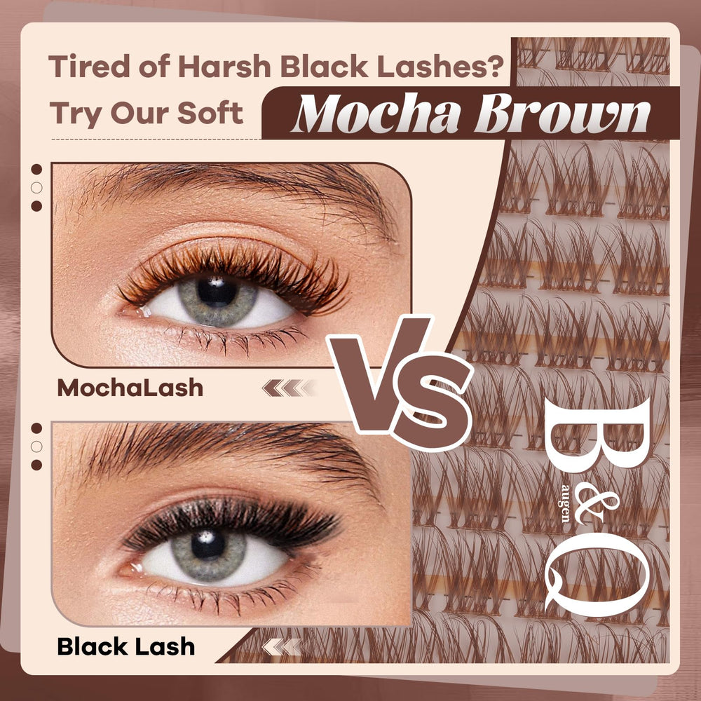 B&Qaugen Mochalash01 closeup shows soft brown lashes blending with natural lashes.