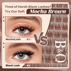 B&Qaugen Mochalash01 closeup shows soft brown lashes blending with natural lashes.