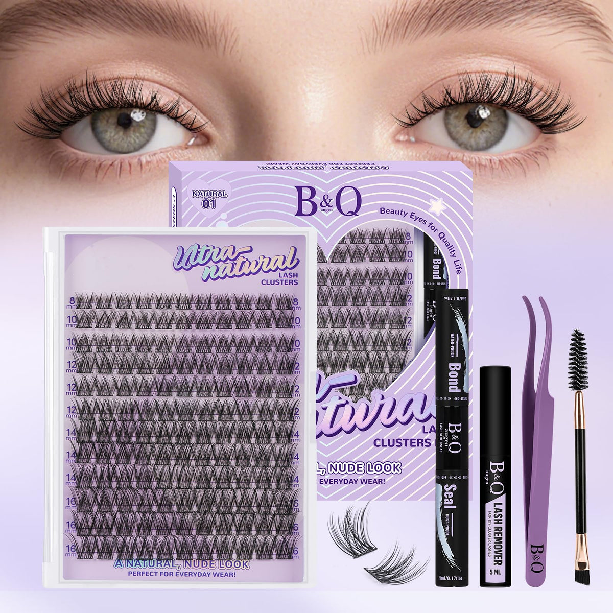 B&Qaugen wispy lash clusters close-up with ultra-fine fibers for natural weightless look