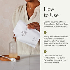 Branch Basics gel hand soap bottle refill setup demonstrating safe, gentle cleansing for sensitive skin