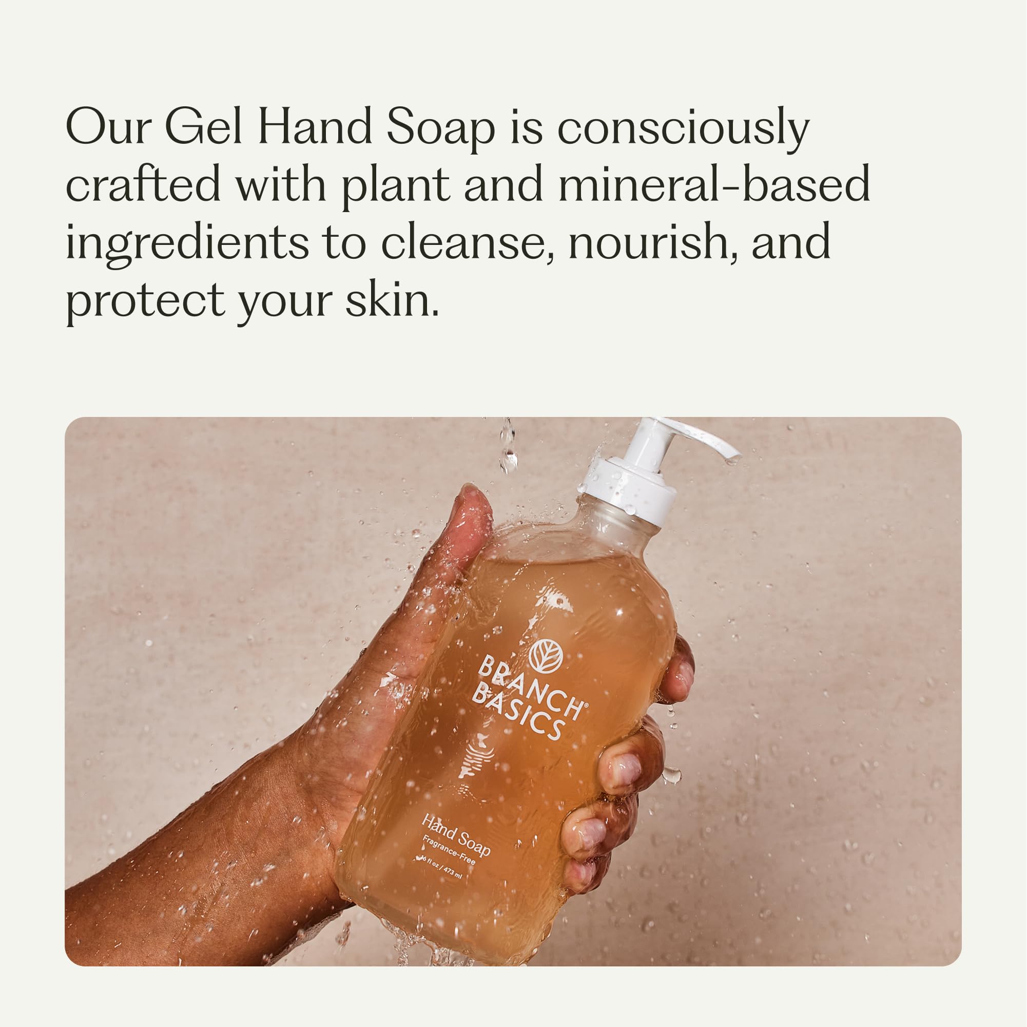 Branch Basics gel hand soap glass bottle close-up highlighting aloe, chamomile, and meadowfoam.