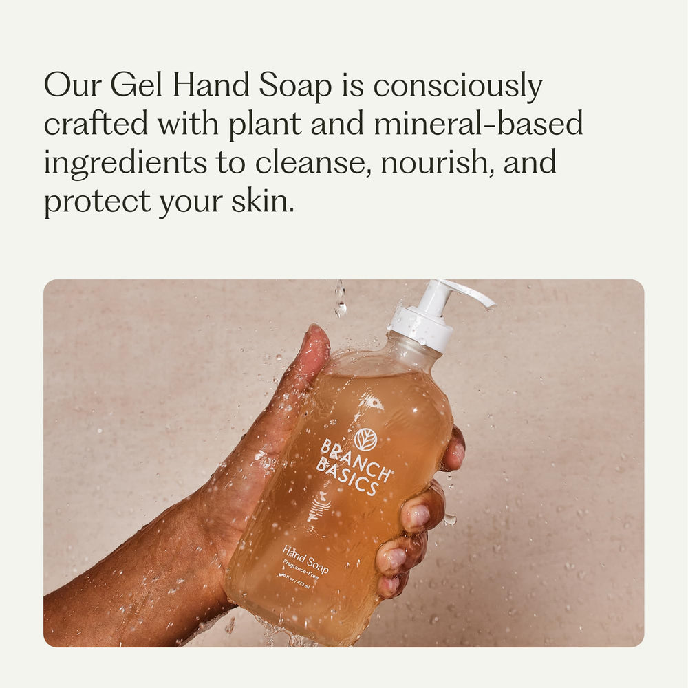 Branch Basics gel hand soap glass bottle close-up highlighting aloe, chamomile, and meadowfoam.