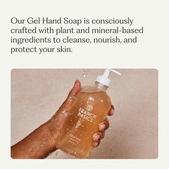 Branch Basics gel hand soap glass bottle close-up highlighting aloe, chamomile, and meadowfoam.