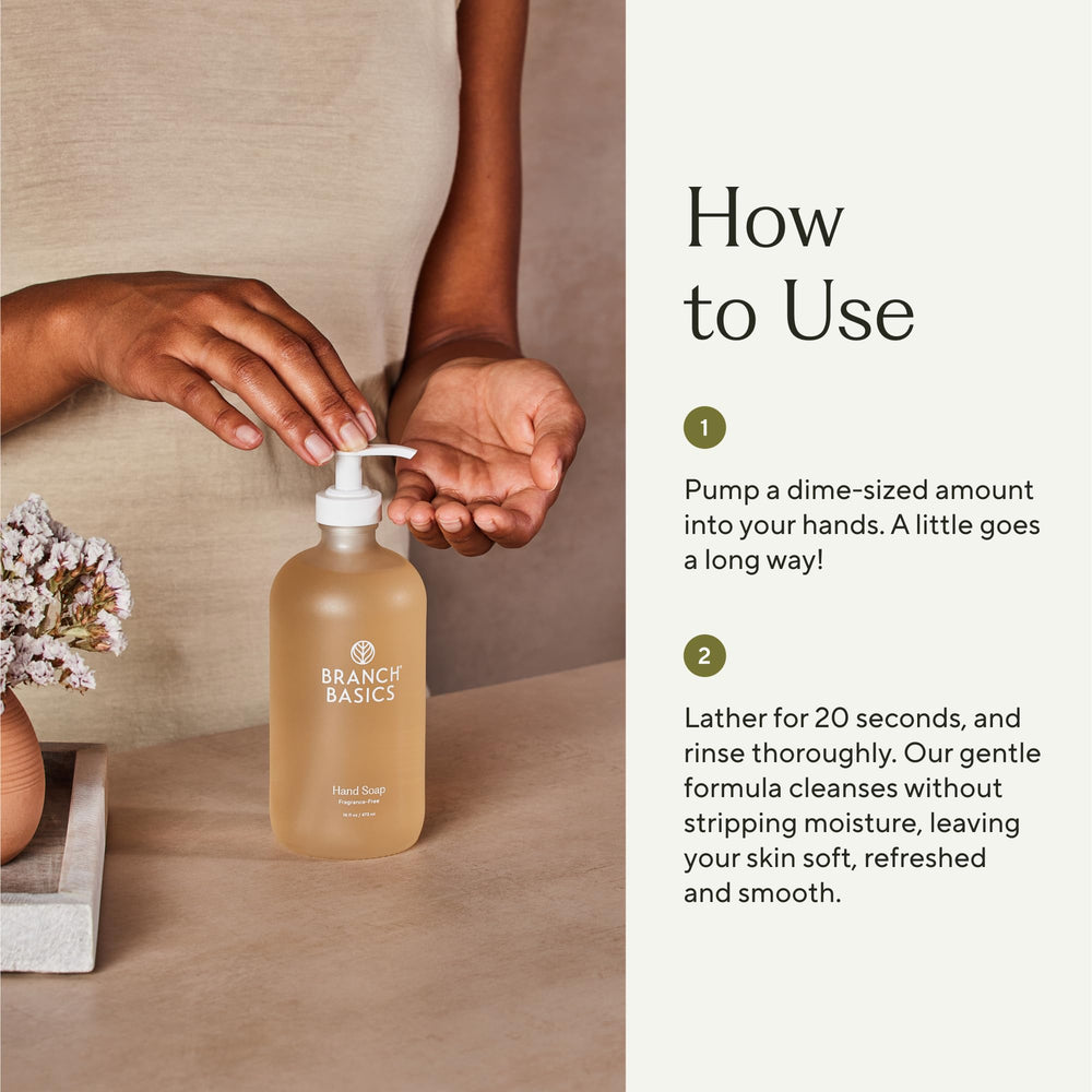 Branch Basics pump-action hand soap in use for everyday cleansing.