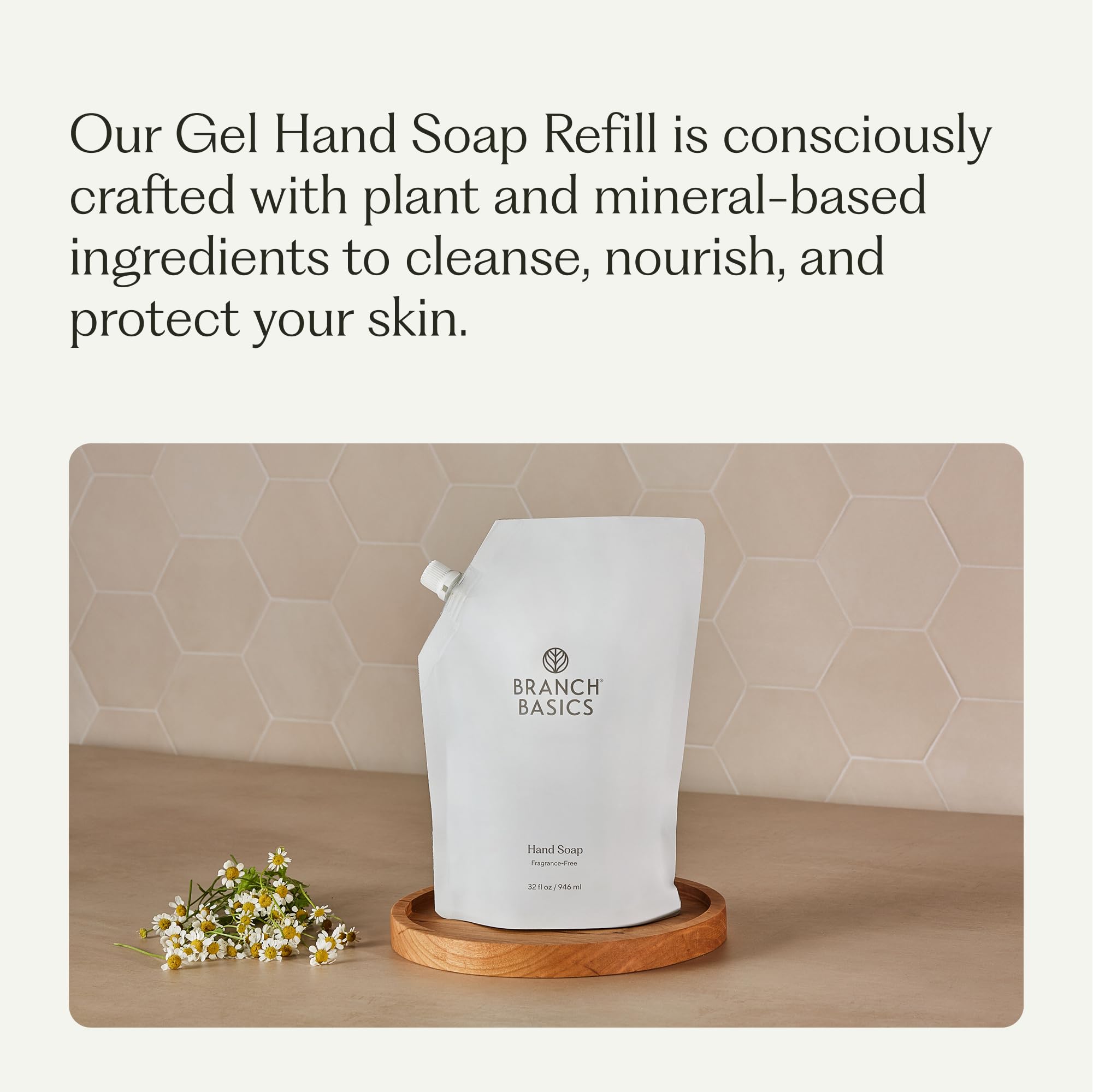 Branch Basics refill pouch pouring into bottle for mess-free, convenient hand soap refills
